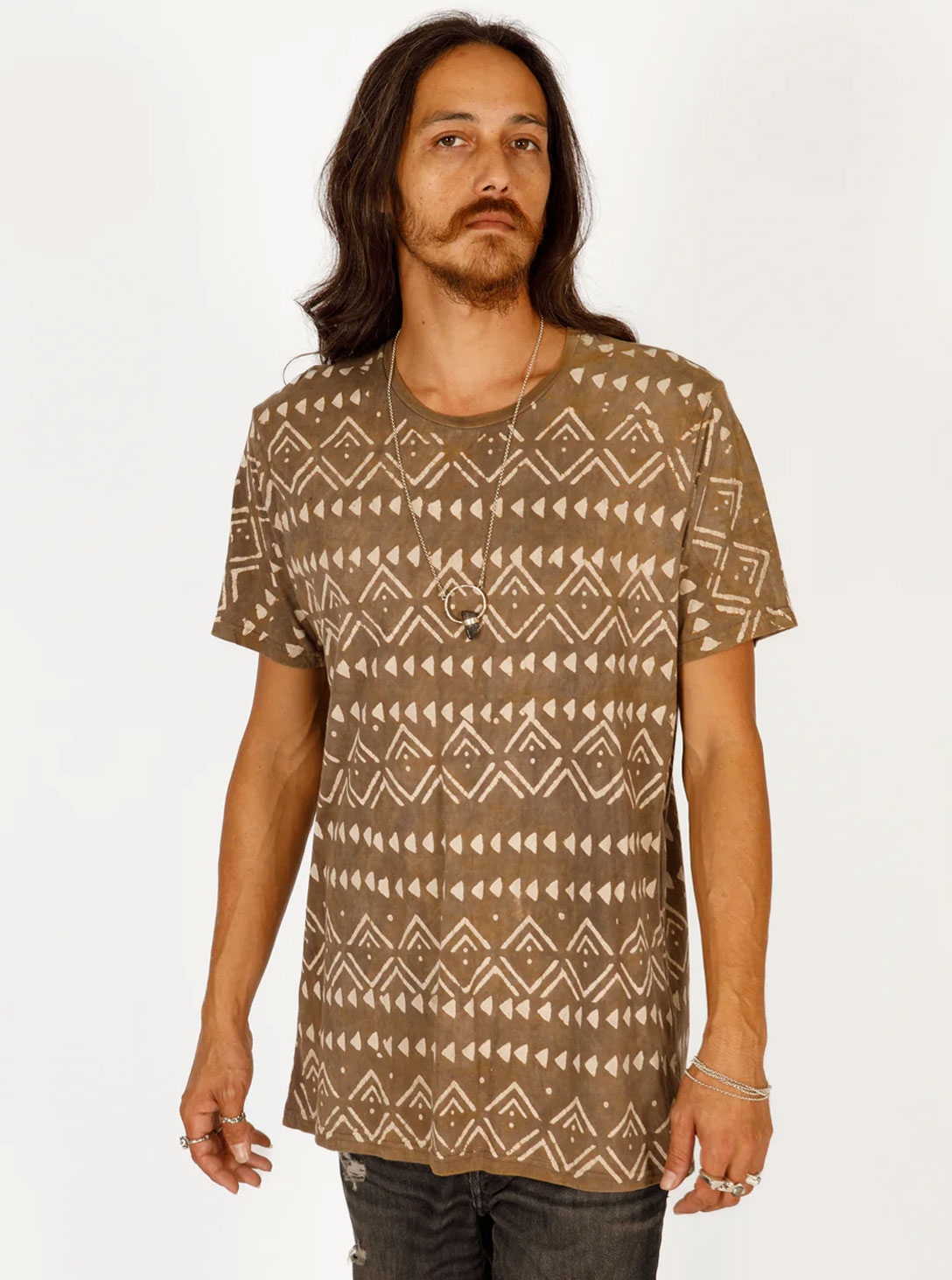 BLOCK PRINT T- BROWN STRIPES & TRIANGLES