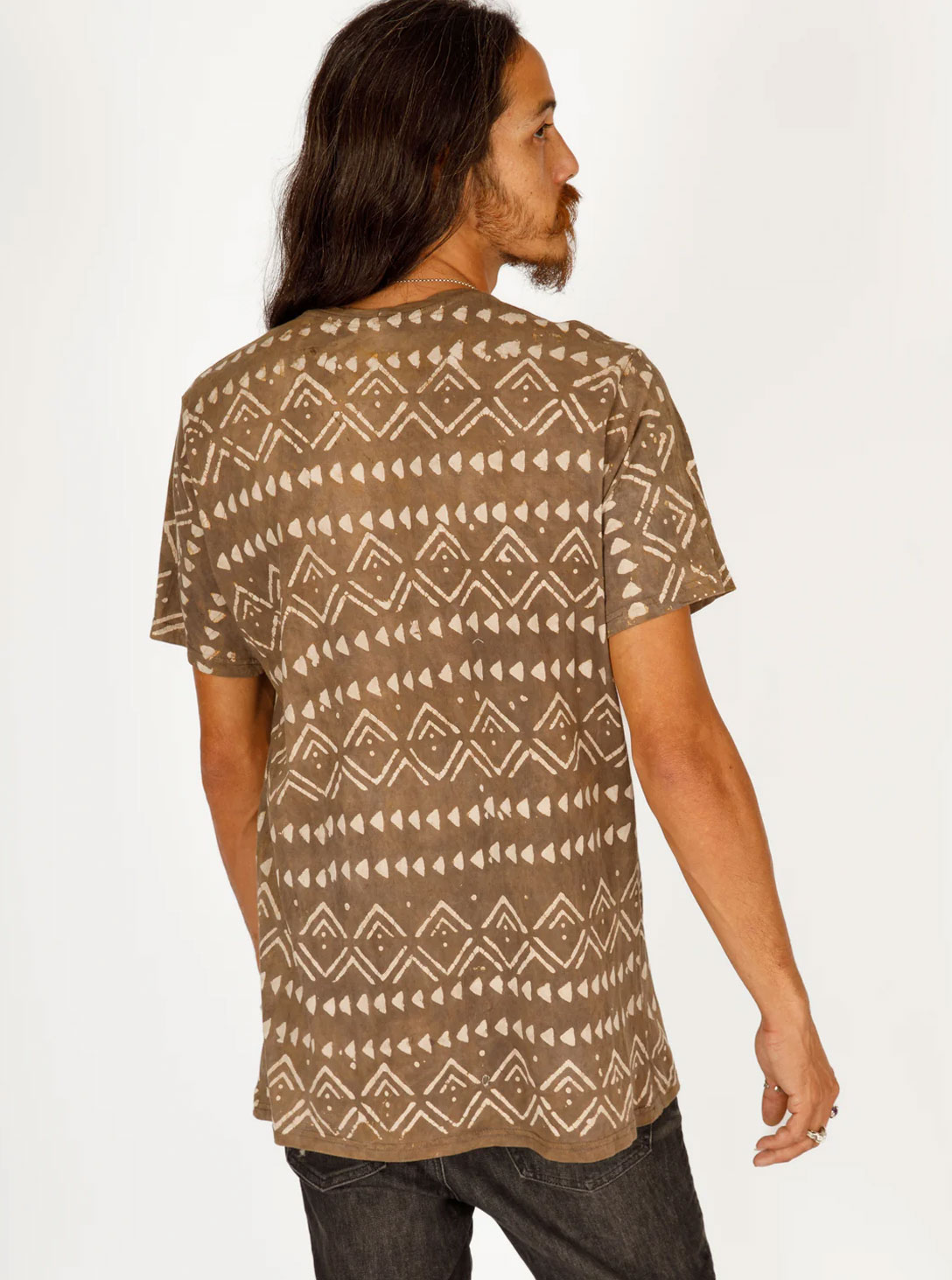BLOCK PRINT T- BROWN STRIPES & TRIANGLES