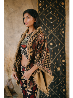 PONCHO IKAT coffee-red