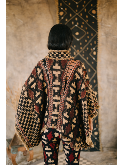 PONCHO IKAT coffee-red