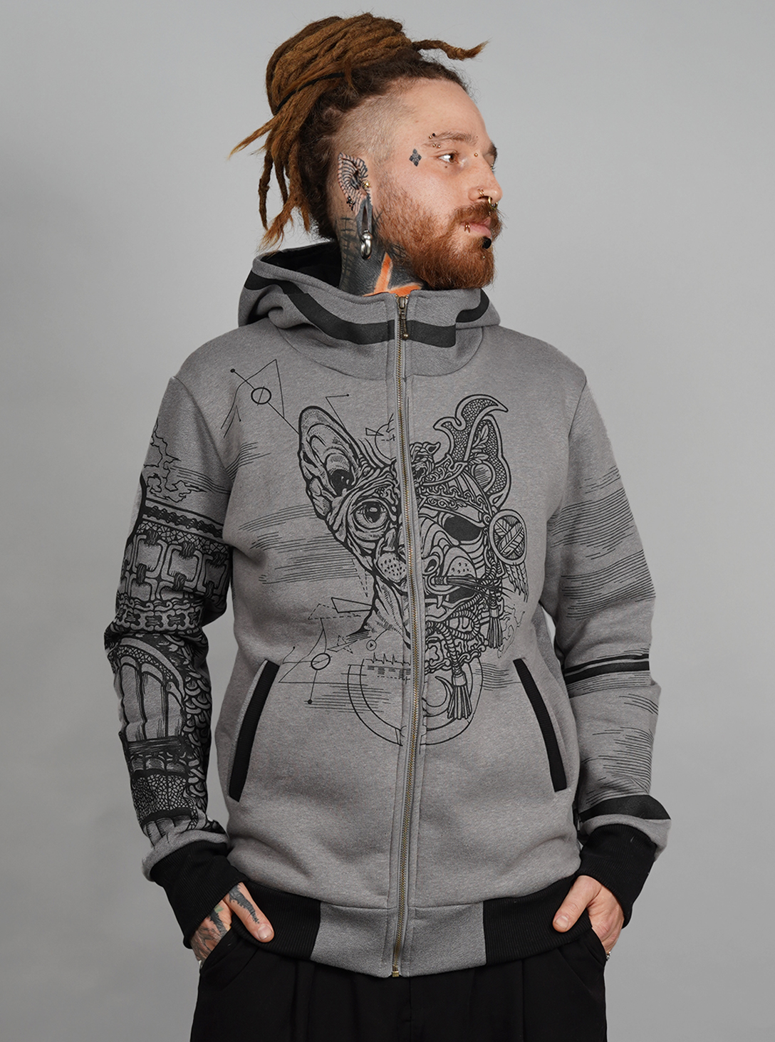 Samurai Cat Grey HOOD MOULINE