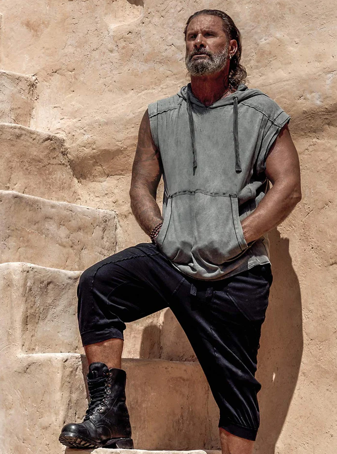 Rhino Sleeveless Baggy Hoodie Sweatshirt WASH GREY