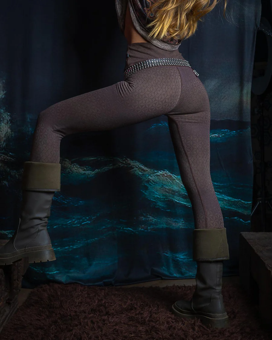 Leggings Yogawear Long  Organic Bamboo Jersey Veg Dye Veg Print - Brown SANDSOTIME 