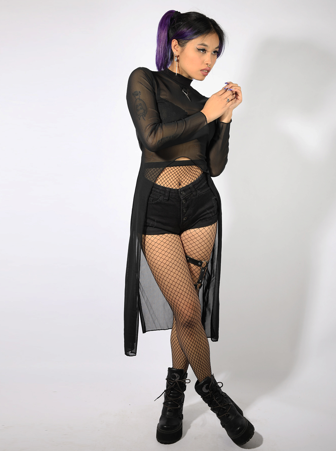 POLLY WOMEN LONG SHIRT-BLACK NET