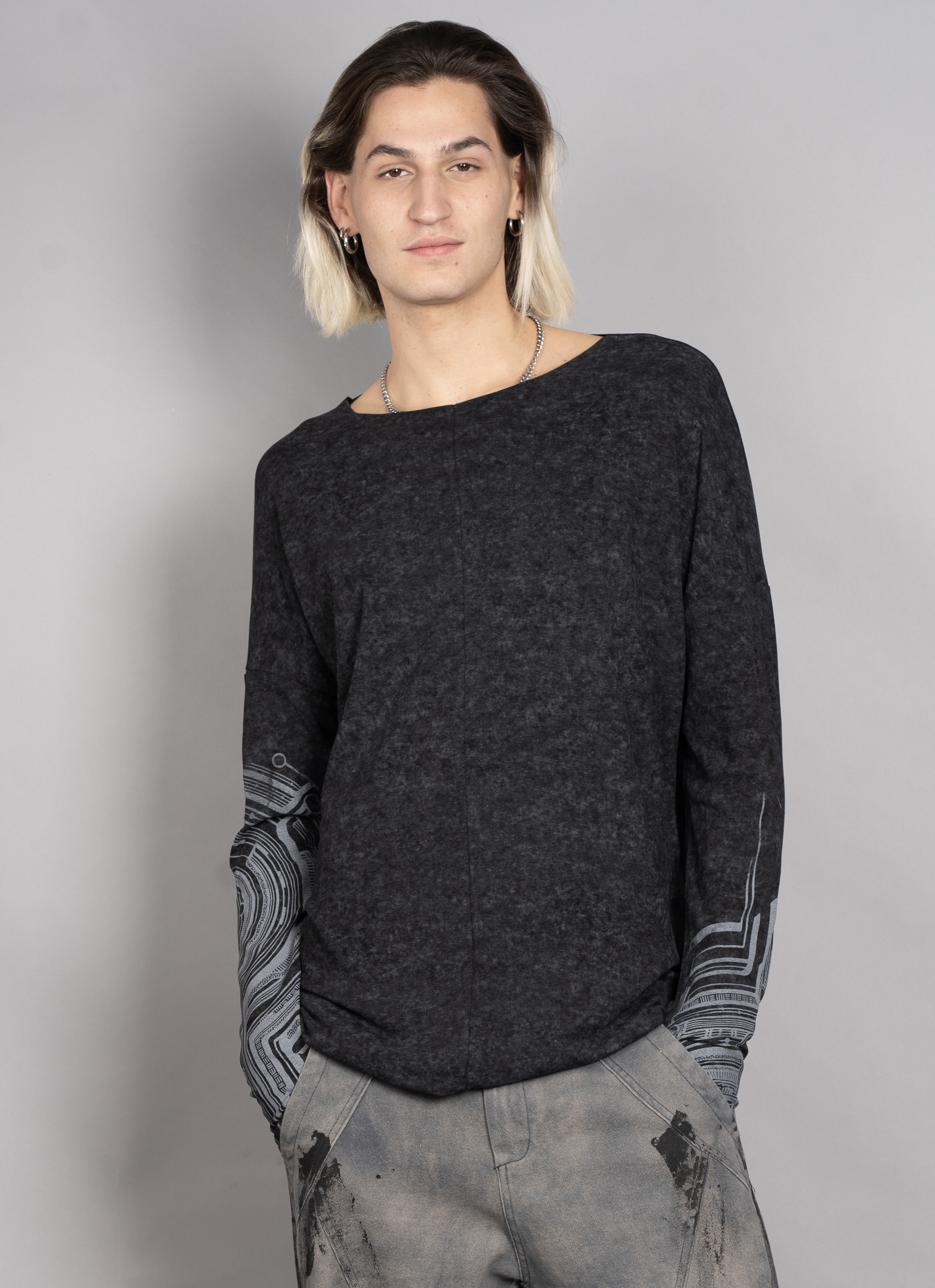 YOSHINORI MEN'S LONG SHIRT BLACK TEX