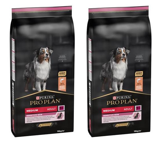 2 שקי מזון פרו פלאן לכלב בוגר מדיום סנסיטיב סלמון 14 קילו כל שק 