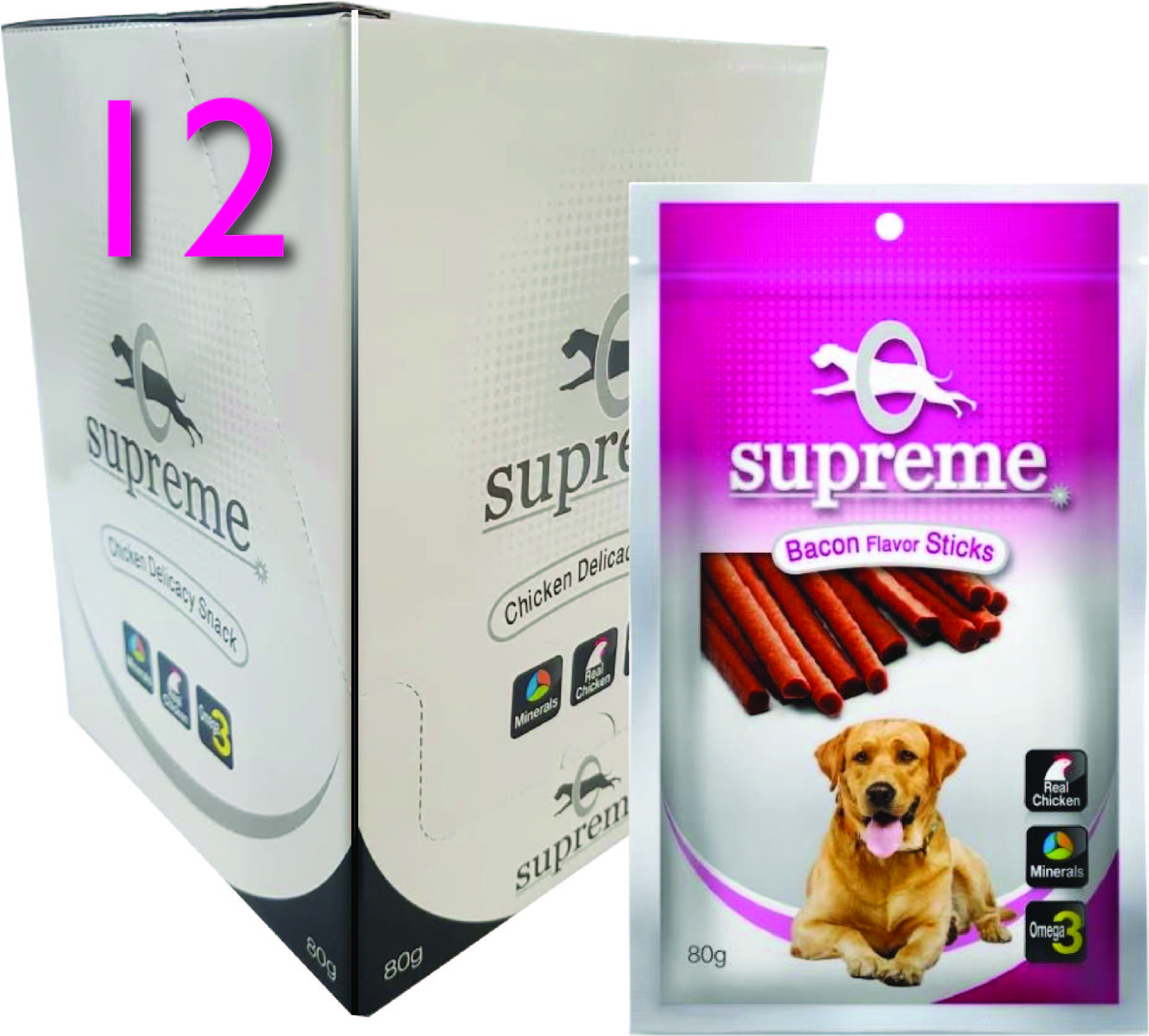 חבילת 12 חטיפים בשר לכלבים בטעם בייקון סופרים