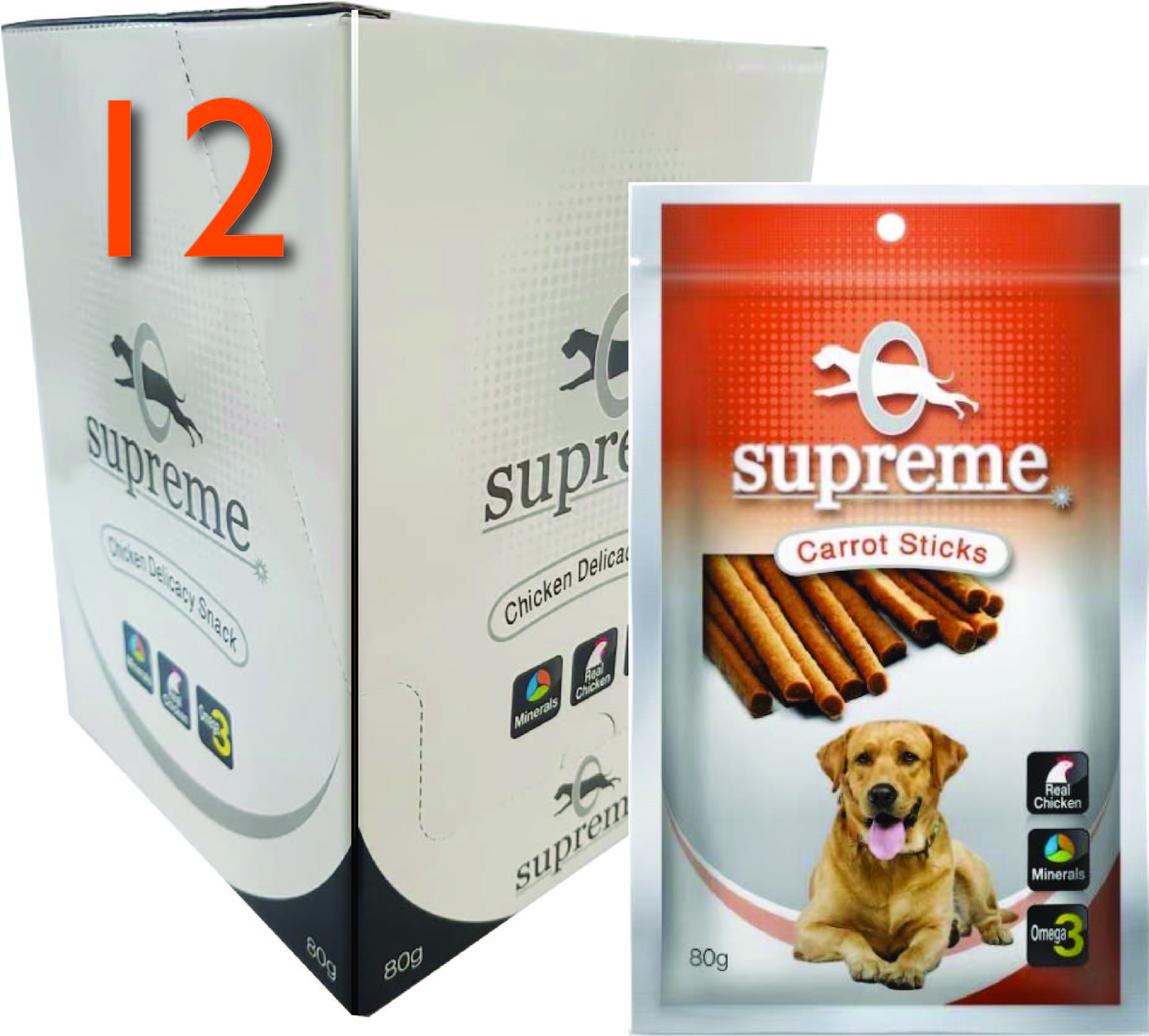 חבילת 12 חטיפי בשר עוף לכלבים בטעם גזר סופרים