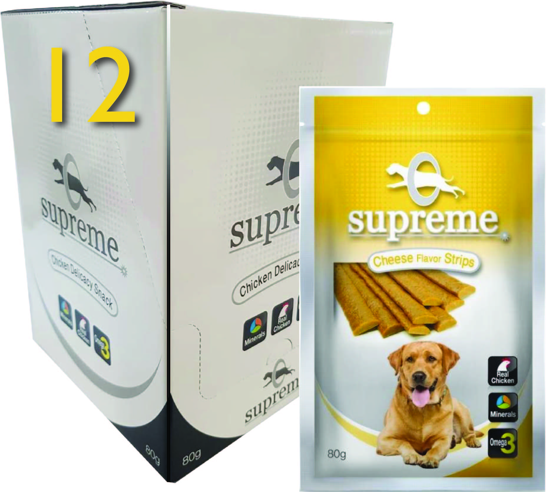 חבילת 12 חטיפי בשר עוף לכלבים בטעם גבינה סופרים