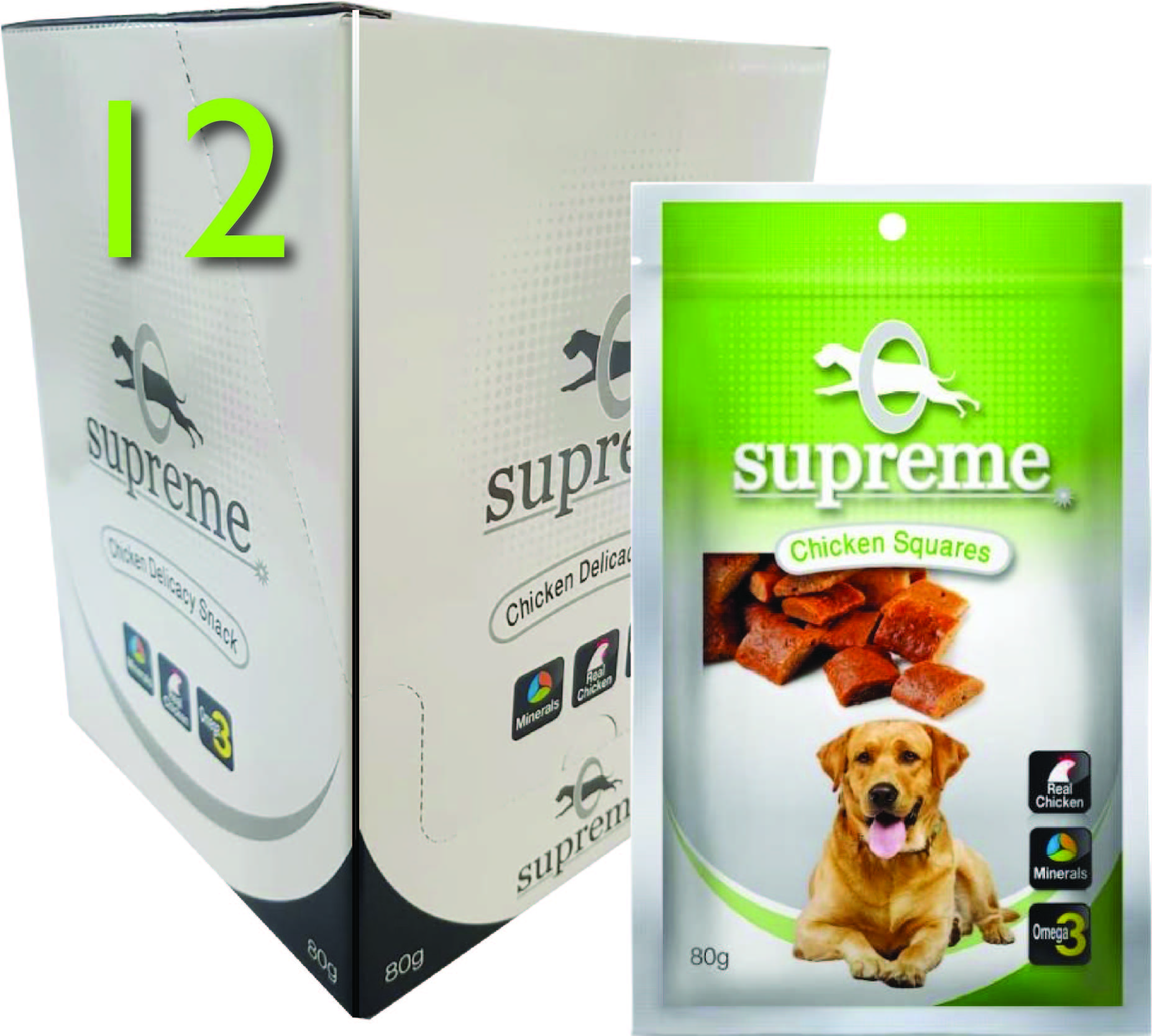 חבילת 12 חטיפי בשר עוף מרובע לכלבים סופרים