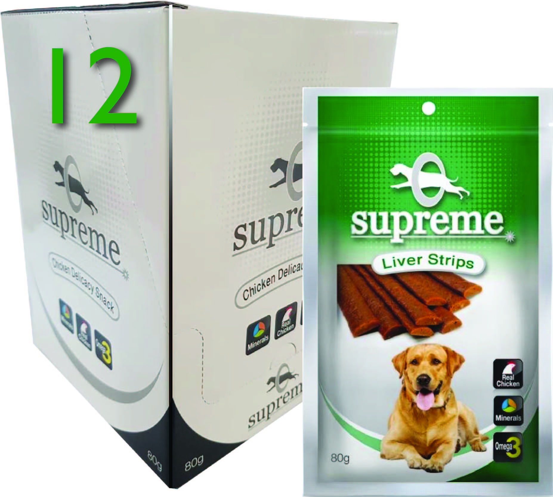 חבילת 12 חטיפי בשר עוף לכלבים בטעם כבד סופרים