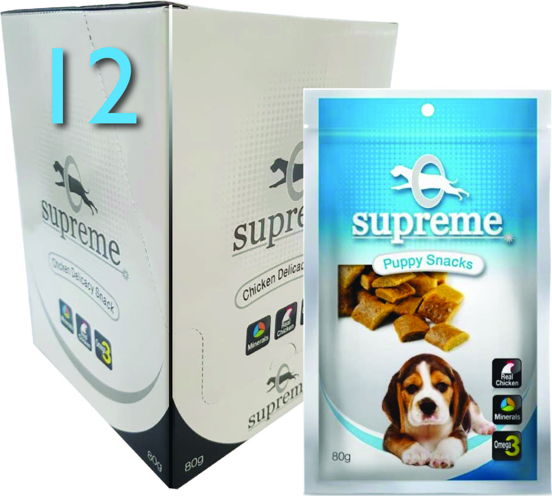 חבילת 12 חטיפי בשר עוף לגורי כלבים בטעם חלב סופרים