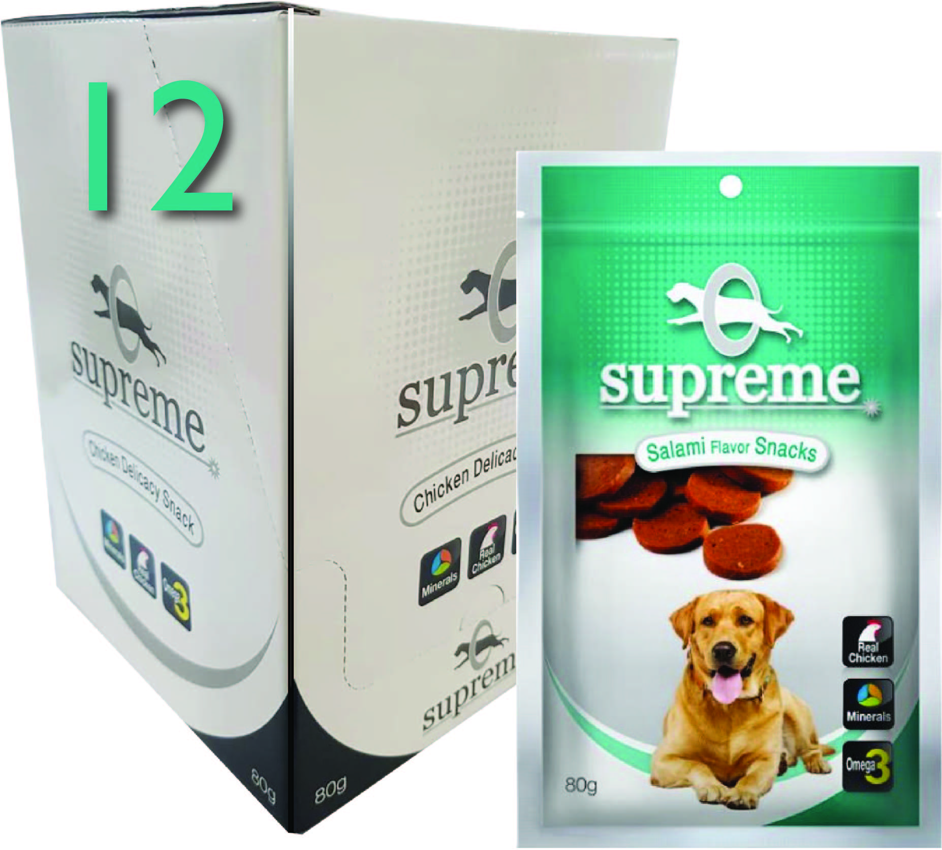 חבילת 12 חטיפי סופרים בשר עוף לכלבים בטעם סלמי