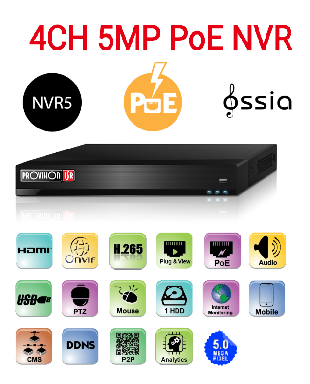 מערכת הקלטה לארבע מצלמות Provision 5mp NVR5-4100PXN-MM POE IP
