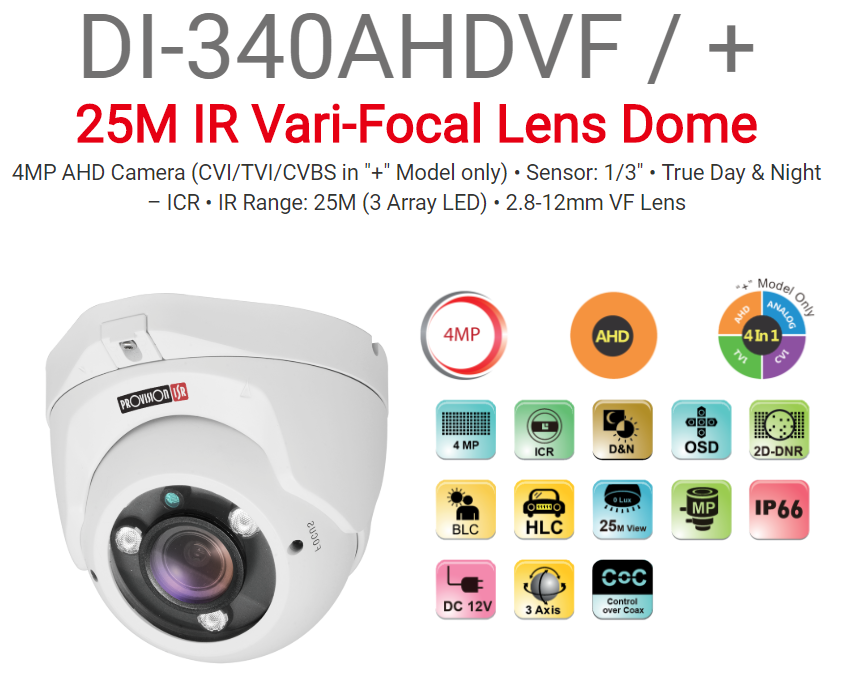 מצלמת כיפה לבנה עדשה משתנה 2.8-12 Provision DI-340AHDVF 4MP
