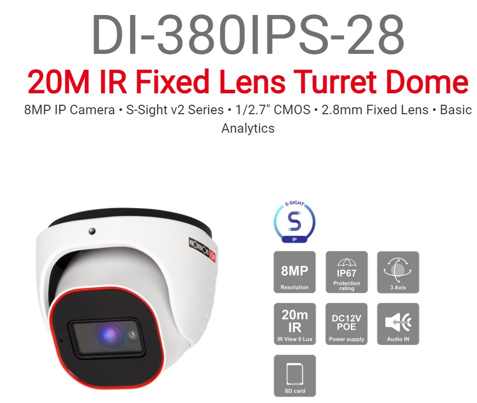 מצלמת כיפה Provision IP 8MP DI-380IPS-28 POE