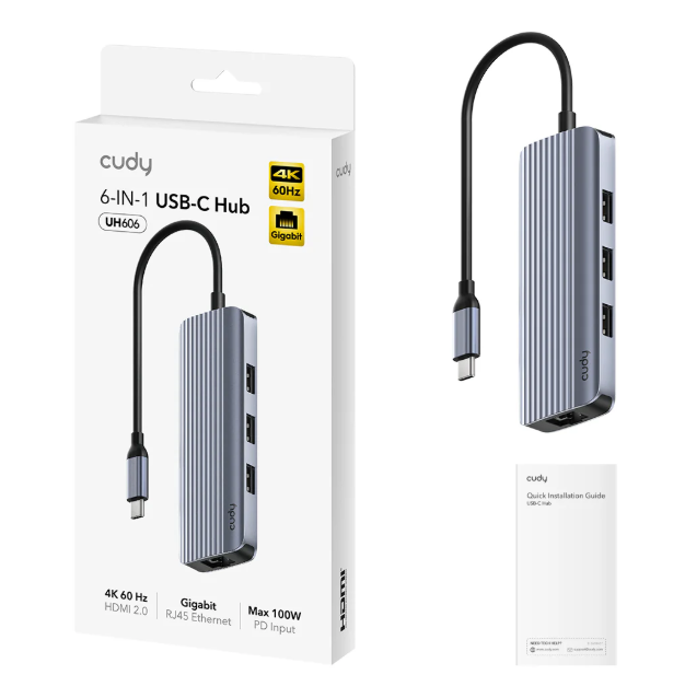 תחנת עגינה 4K-60Hz HDMI 100W PD & CUDY 6-IN-1 USB-C Hub with GbE