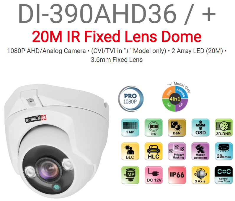 מצלמת כיפה לבנה Provision DI-390AHD36 PRO 2MP 3.6
