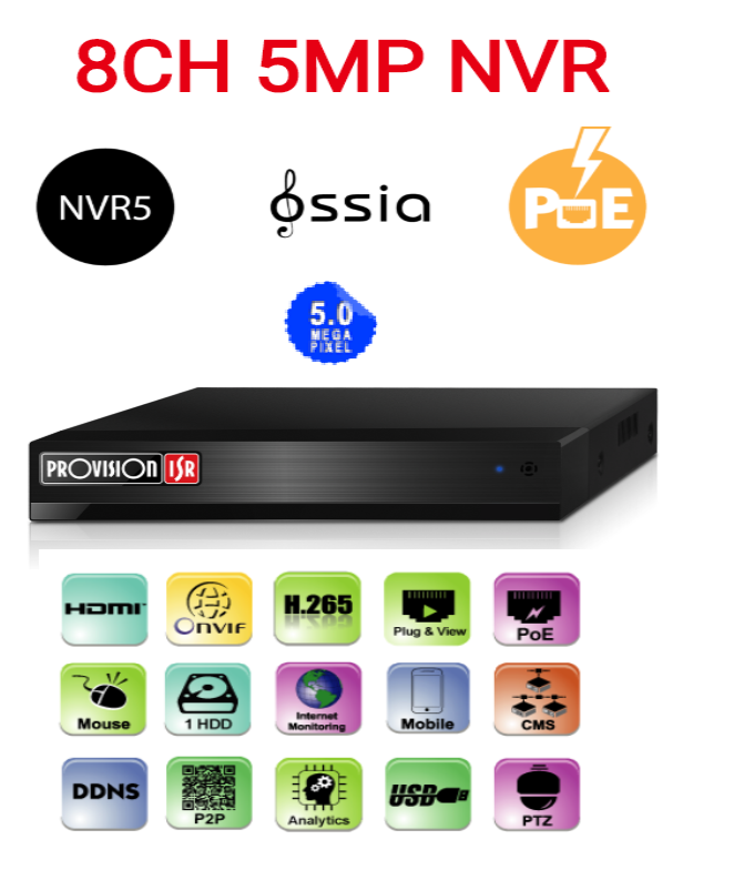 מערכת הקלטה לשמונה מצלמות Provision 5mp NVR5-8200PX POE