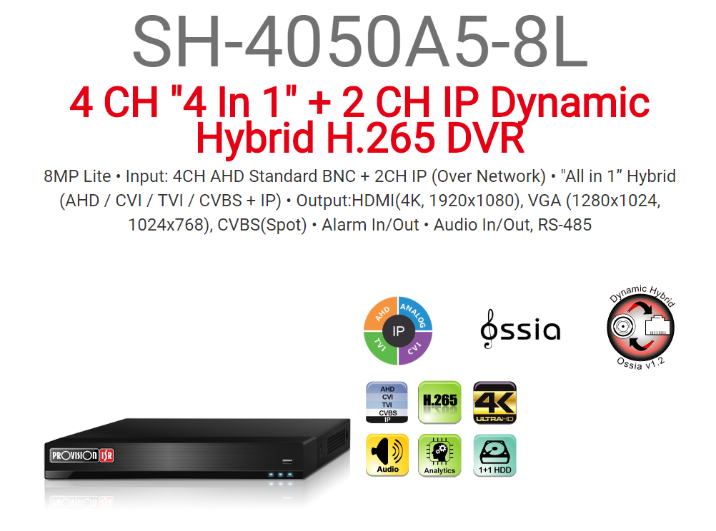 מכשיר הקלטה ל-4 מצלמות PROVISION AHD 5MP SH-4050A5-8L