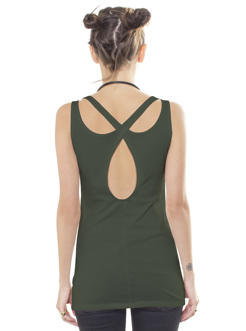 woman open back tank top in oilve with an egyptian print 