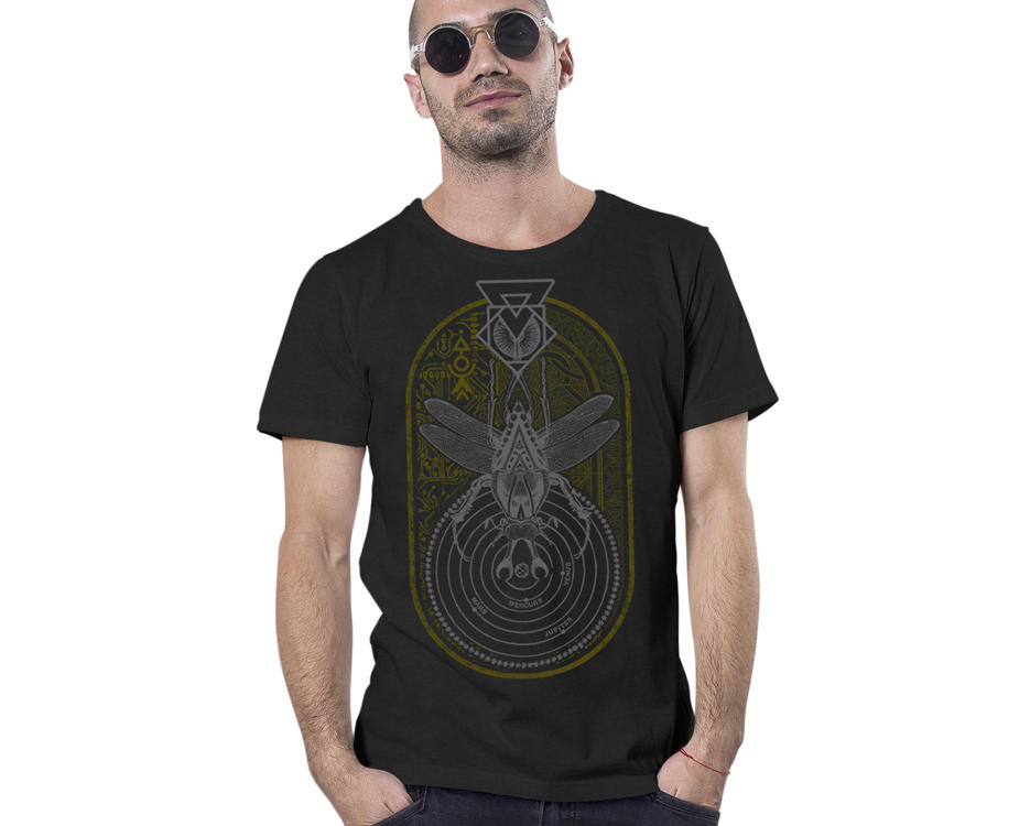 man black t-shirt with a digital ancient Egyptian style print 