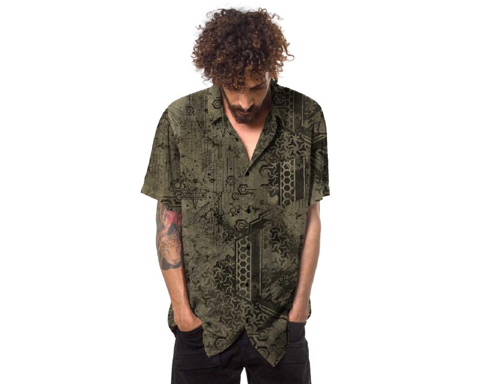 Green geometric abstract buttoned shirt loose fit 
