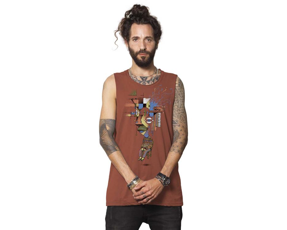 terracota color man t-shirt with abstract print
