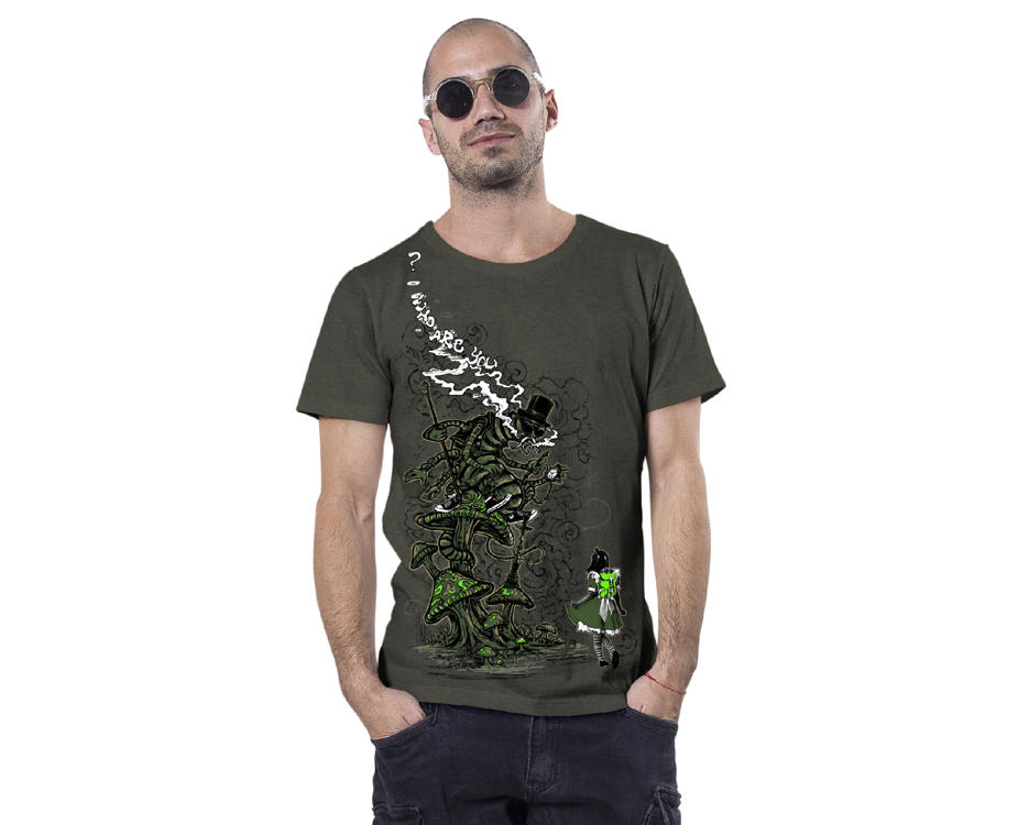 man t-shirt in dark grey with a digital Alice in Wonderland print 