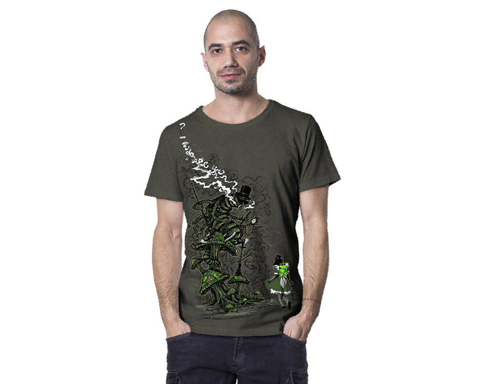 man t-shirt in dark grey with a digital Alice in Wonderland print 