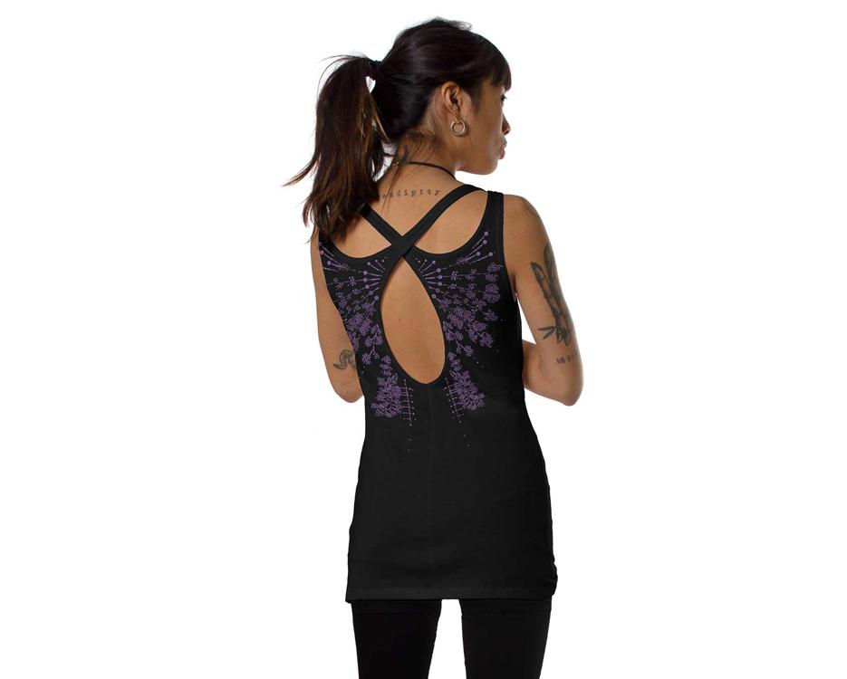 Women open back tank top with a psychedelic print in purple 