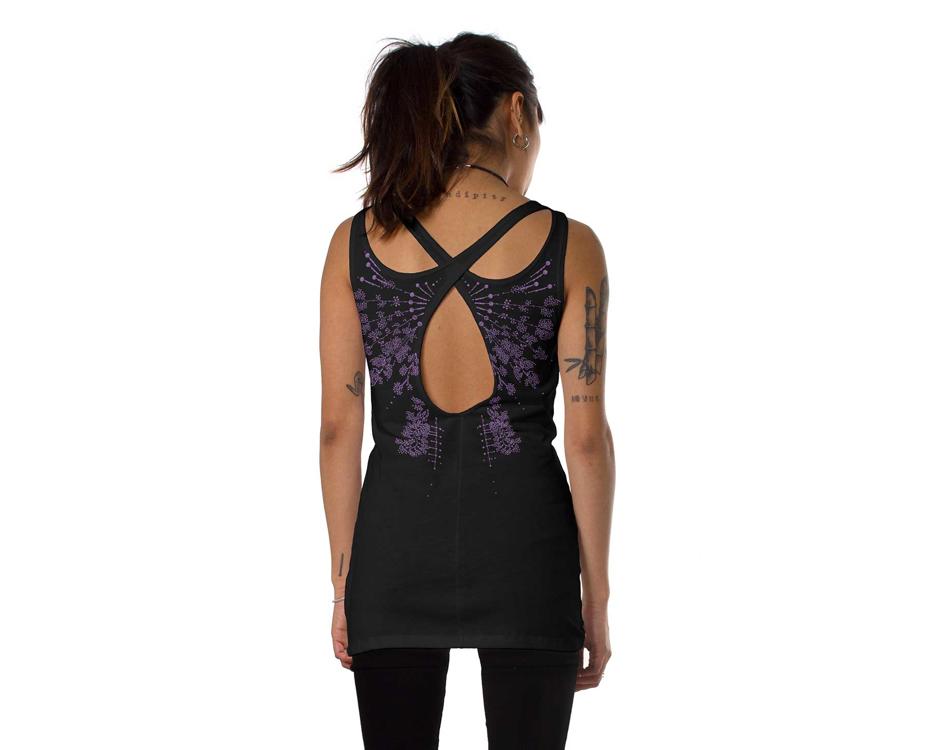 Women open back tank top with a psychedelic print in purple 