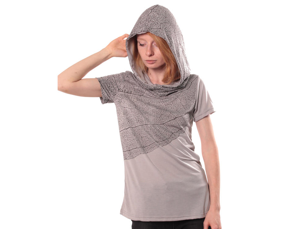 women hooded shirt with abstract leaf design in grey