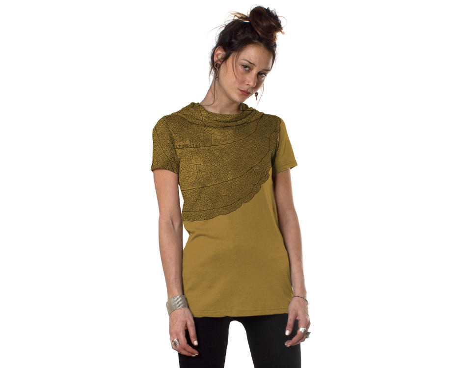 women hooded shirt with abstract leaf design in mustard