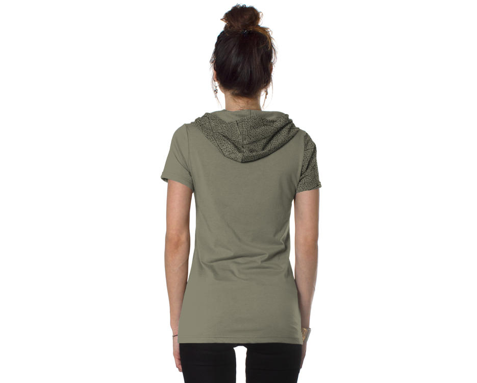 women hooded shirt with abstract leaf design in dark grey