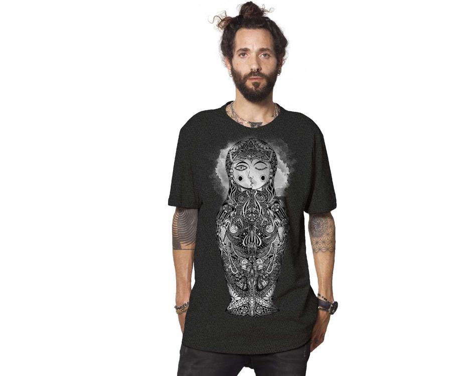 men black t-shirt with a digital Matryoshka doll print 