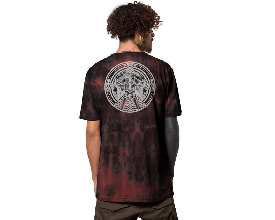 men tie dye t-shirt in black and red with a tribal print 