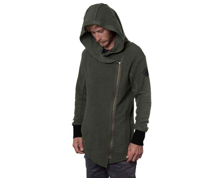 man stylish side zipper hooded jacket in dark green 