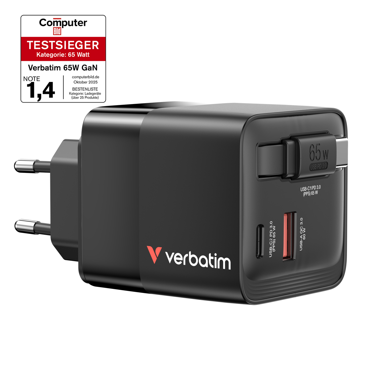 מטען קיר Verbatim GaN Wall Charger 65W 2 Port with Retractable Cable 32217