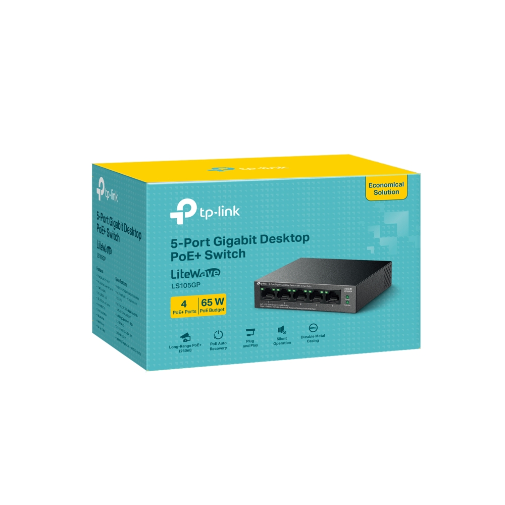מתג 5 ערוצים  +TP-LINK LS105GP 5-Port Gigabit Desktop Switch with 4-Port PoE