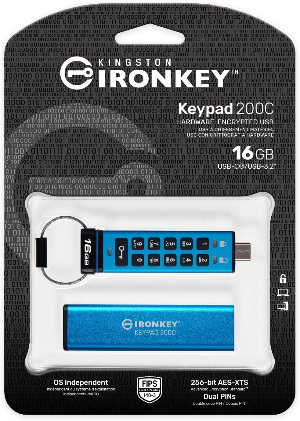 התקן דיסק און קי מוצפן Kingston hardware-encrypted USB flash drive IronKey 200C - USB Type C 3.2 - 16GB IKKP200C/16GB