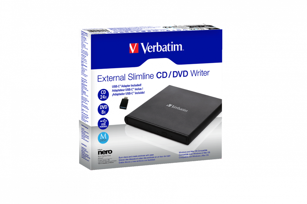 צורב חיצוני VERBATIM EXTERNAL SLIMLINE DVD REWRITER USB2.0 BLACK