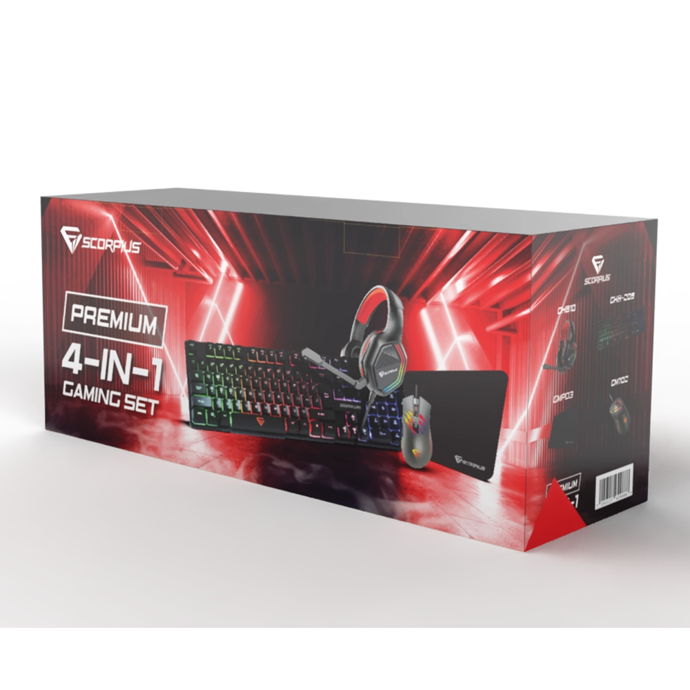 סט גיימינג מקלדת,עכבר,משטח,אוזניות SCORPIUS 4 IN 1