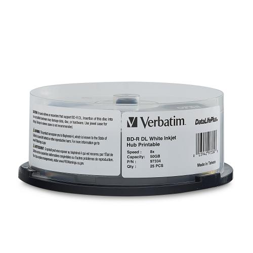 תקליטור בלו ריי VERBATIM Blu-Ray Media BD-R DL 50GB 8X, White Label, DataLife+, White InkJet Hub Printable Spindle Box 10Pcs