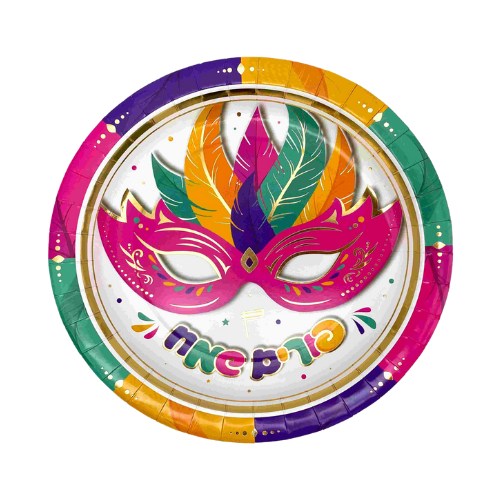 צלחת 9 דוגמת פורים שמח 10 יח - צבעוני