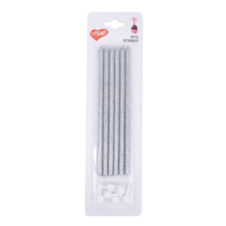 נרות יום הולדת גליטר ארוך 6 יח' - כסף