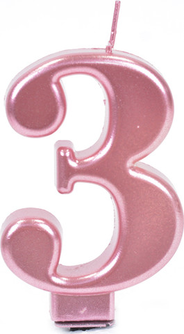 נר יום הולדת מספר 3 מטאלי גדול - רוזגולד