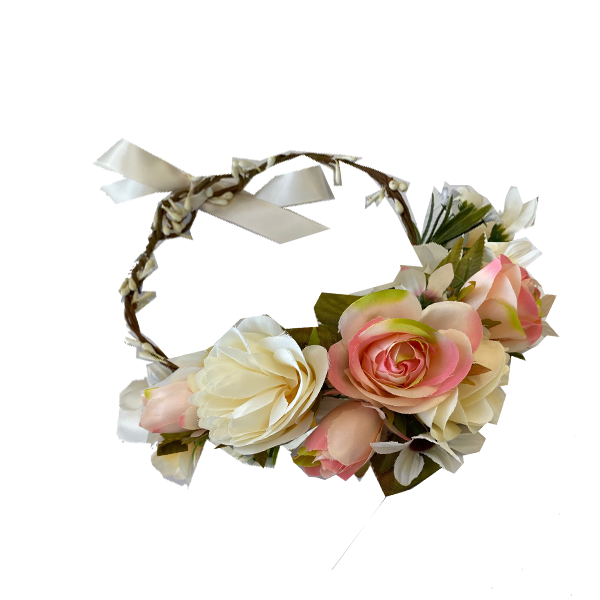 זר פרחים לראש פלסטיק -  קרם ורוד