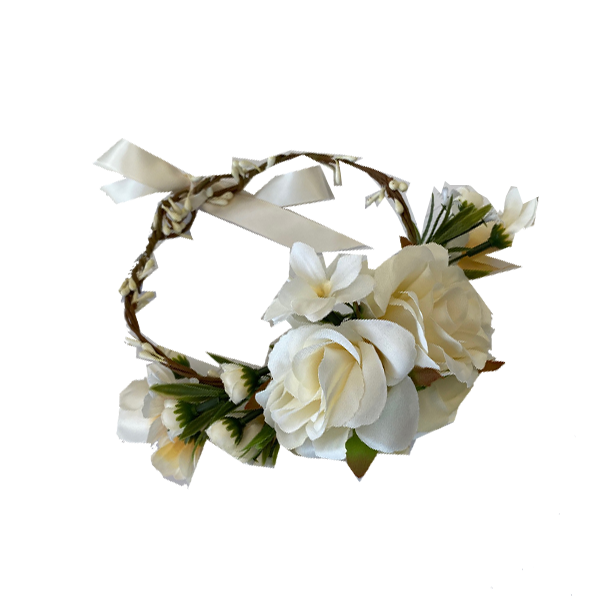 זר פרחים לראש פלסטיק - שמנת