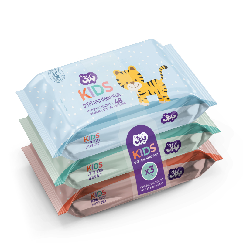 3 חב' מגבוני נייר טואלט לחים קידס - צבעוני